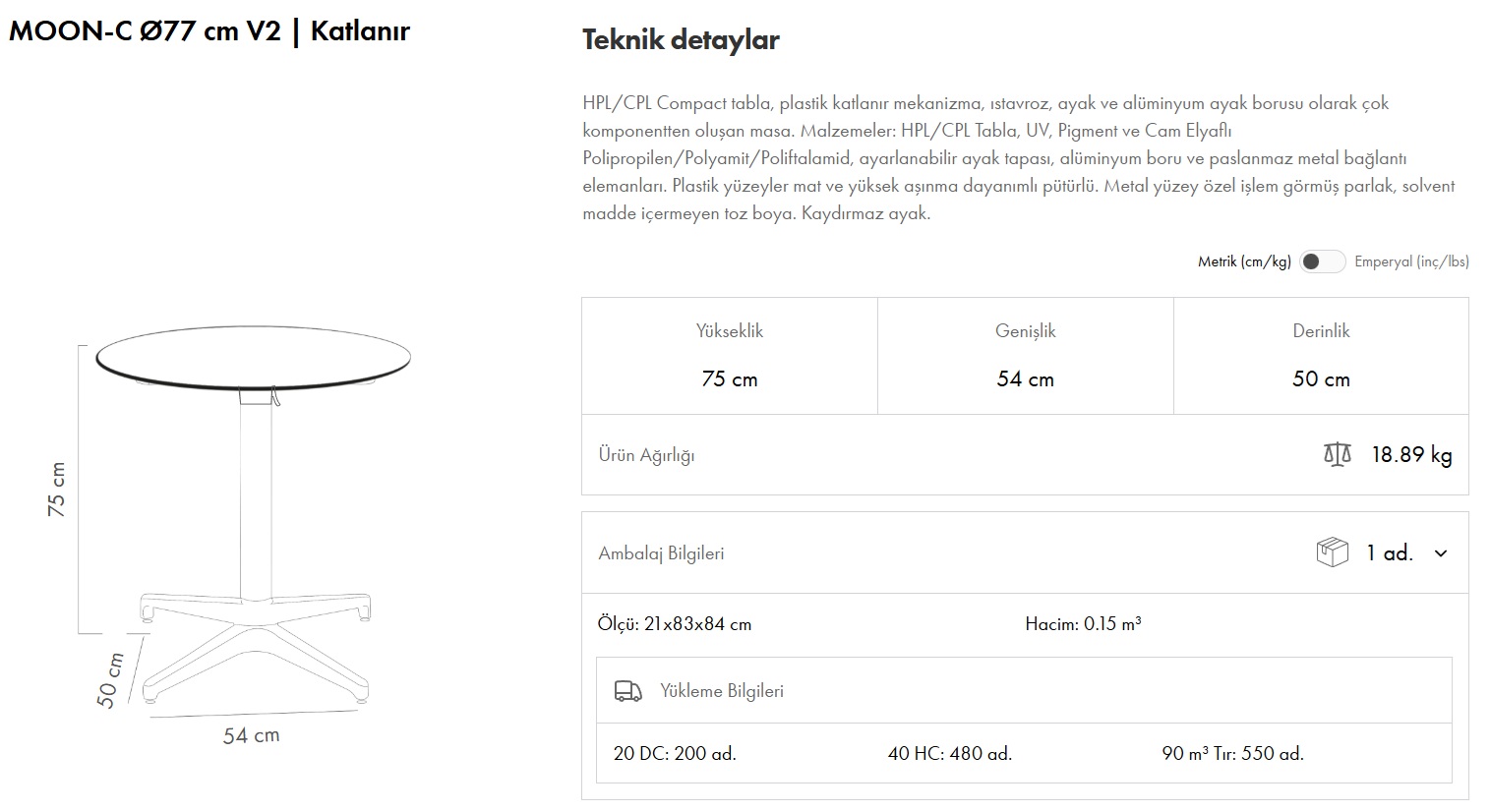 Moon-C Masa Ø77 V2 Katlanır